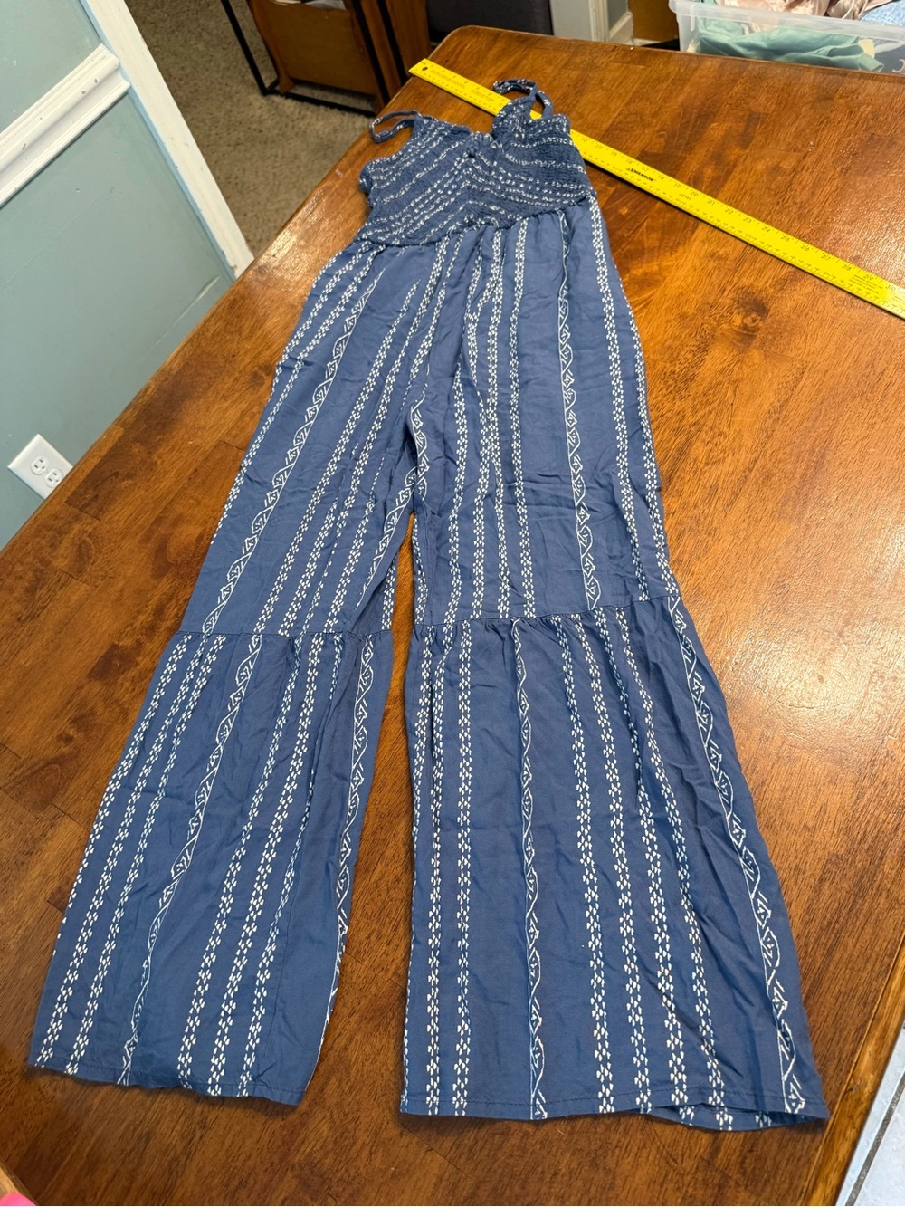Sincerely Jules Navy Blue Smocked Wide-Leg Printed Jumpsuit